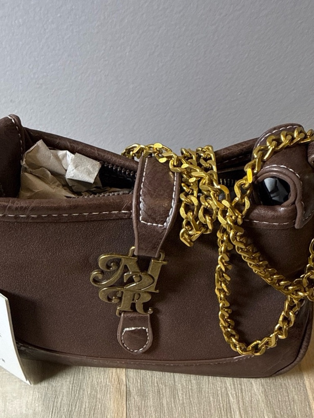 Designer-Inspired Brown Shoulder Bag with Gold Chain Strap